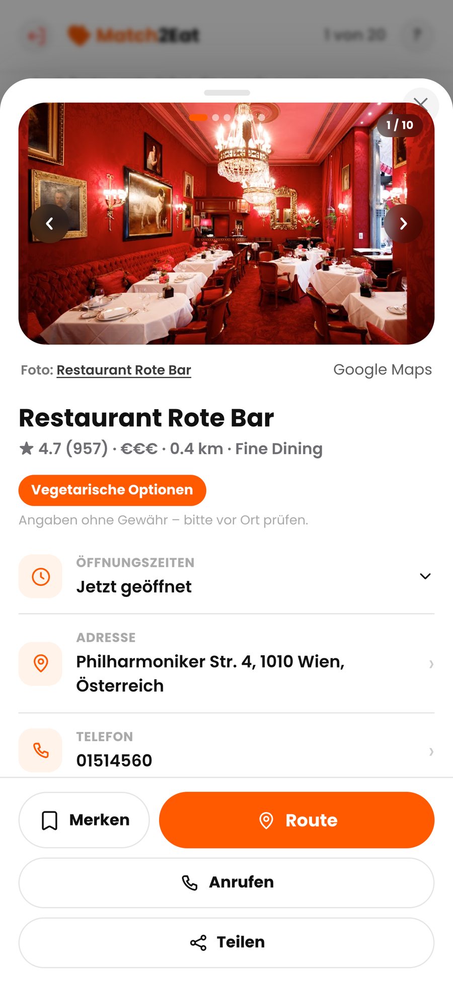Detailansicht mit Öffnungszeiten und Route